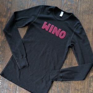 NWOT Artist Black Embellished WINO Waffle Weave Thermal  Long Sleeve Top, S